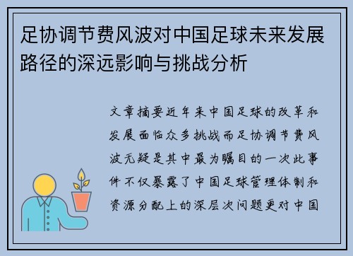 足协调节费风波对中国足球未来发展路径的深远影响与挑战分析