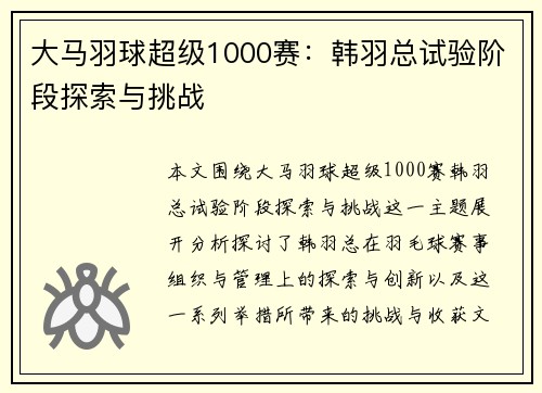 大马羽球超级1000赛：韩羽总试验阶段探索与挑战